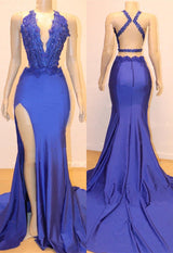 Mermaid Halter Blue Long Prom Dress UK with Lace Appliques-ballbellauk