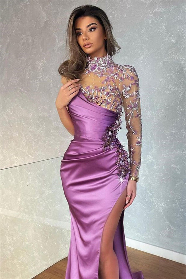 Mermaid High Collar Evening Dress with Beadings and Split - Dark Purple-ballbellauk