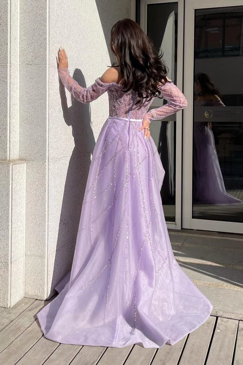 Mermaid Lilac Off-The-Shoulder Prom Dress UK with Long Sleeves and Beads-ballbellauk