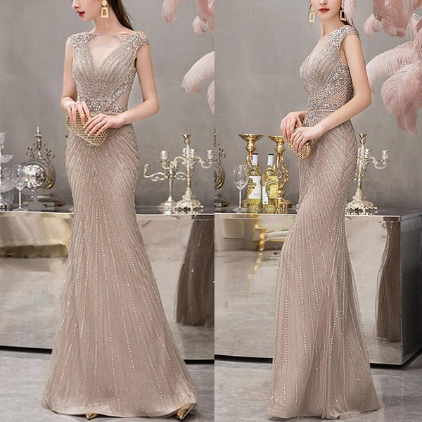 Mermaid Long Evening Dress With Cap Sleeves V-Neck Beadings Online-ballbellauk