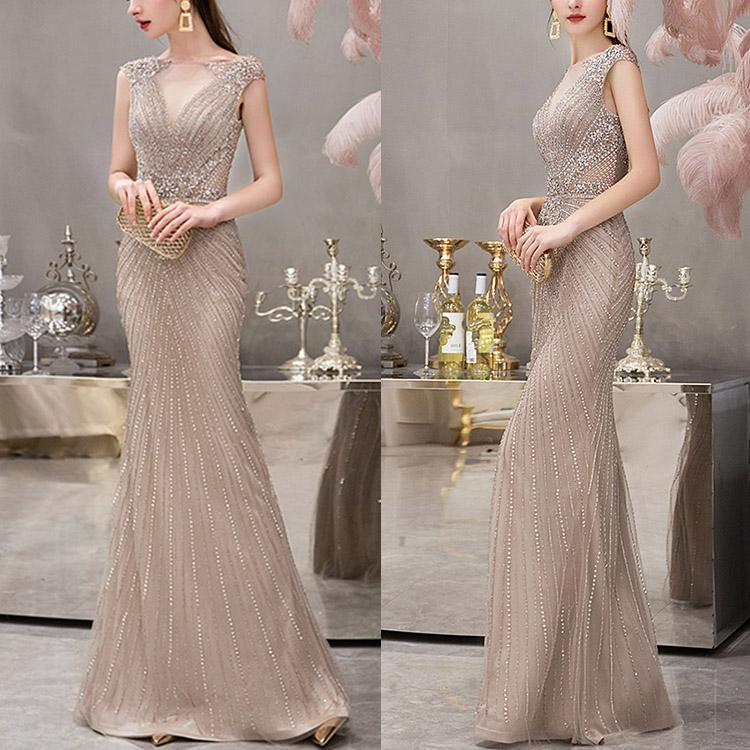 Mermaid Long Evening Dress With Cap Sleeves V-Neck Beadings Online-ballbellauk