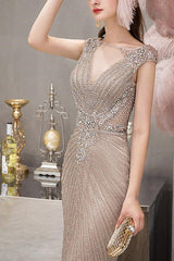 Mermaid Long Evening Dress With Cap Sleeves V-Neck Beadings Online-ballbellauk