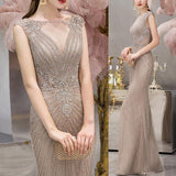 Mermaid Long Evening Dress With Cap Sleeves V-Neck Beadings Online-ballbellauk