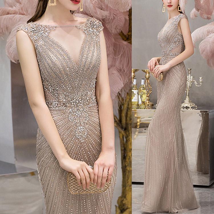 Mermaid Long Evening Dress With Cap Sleeves V-Neck Beadings Online-ballbellauk