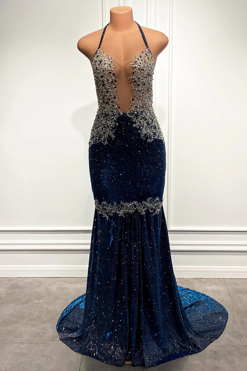 Mermaid Long Prom Dress UK with Blue Sequins and Spaghetti-Straps-ballbellauk