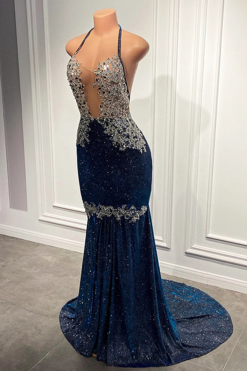 Mermaid Long Prom Dress UK with Blue Sequins and Spaghetti-Straps-ballbellauk