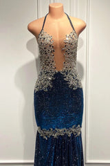 Mermaid Long Prom Dress UK with Blue Sequins and Spaghetti-Straps-ballbellauk