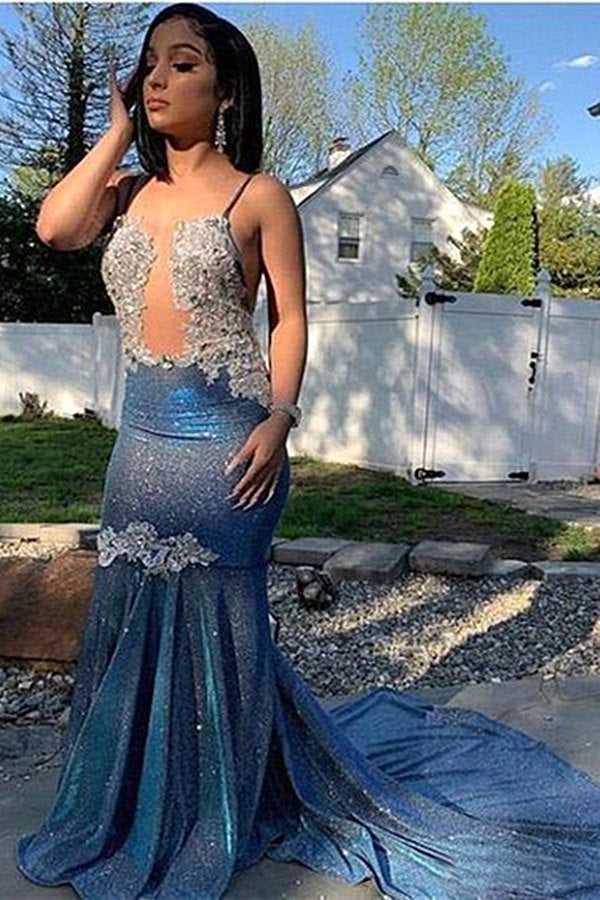 Mermaid Long Prom Dress UK with Blue Sequins and Spaghetti-Straps-ballbellauk