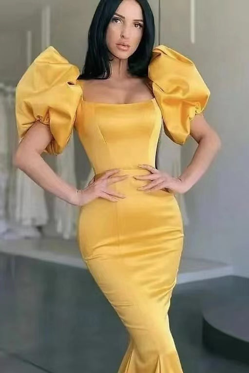 Mermaid Long Prom Dress UK with Yellow Square Bubble Sleeves-ballbellauk