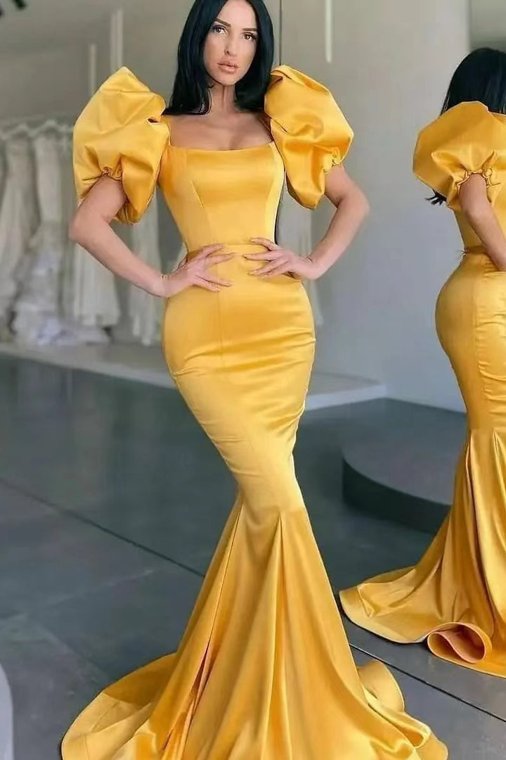 Mermaid Long Prom Dress UK with Yellow Square Bubble Sleeves-ballbellauk