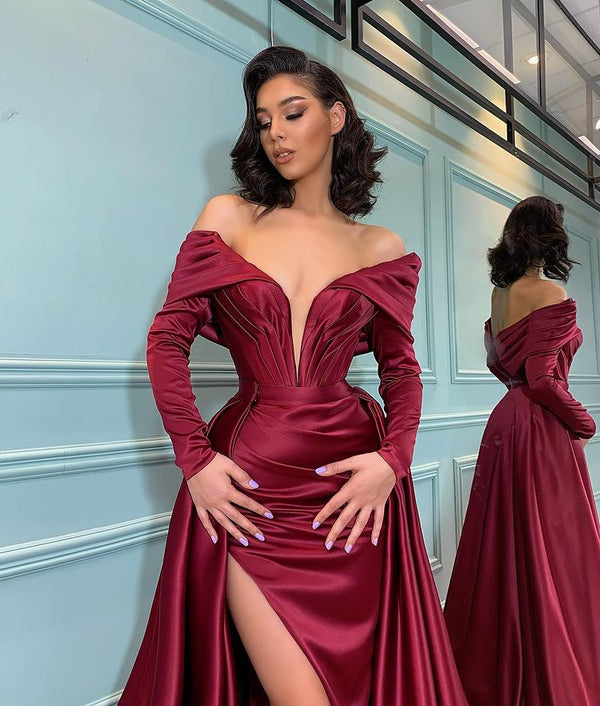 Mermaid Long Sleeves Burgundy Evening Dress-ballbellauk