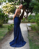 Mermaid Navy Blue Lace Evening Dress-ballbellauk