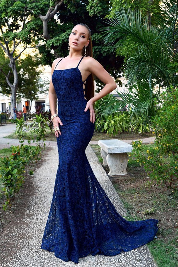 Mermaid Navy Blue Lace Evening Dress-ballbellauk