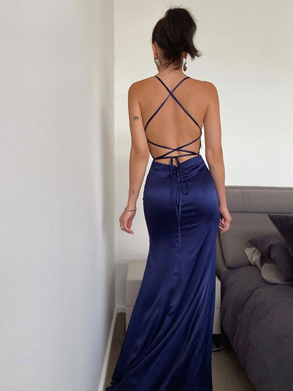 Mermaid Navy Blue Prom Dress UK with Splits-ballbellauk