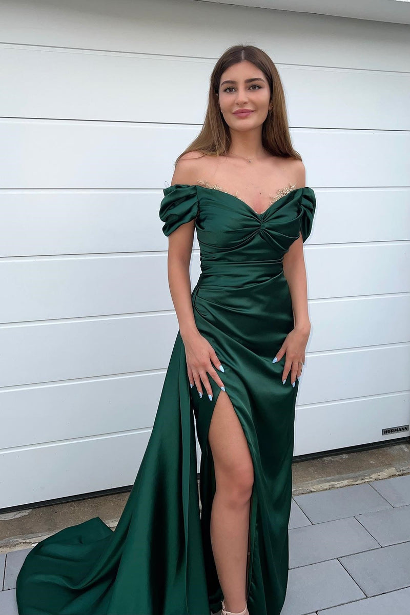 Mermaid Off-The-Shoulder Beadings Prom Dress UK with Front Split Sweetheart Dark Green-ballbellauk