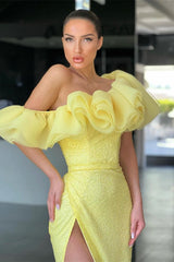 Mermaid Off-The-Shoulder Evening Dress with Split Sequins - Daffodil-ballbellauk