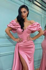 Mermaid Off-the-Shoulder Split Prom Dress UK in Pink-ballbellauk