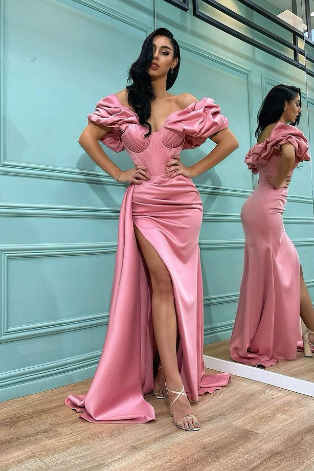 Mermaid Off-the-Shoulder Split Prom Dress UK in Pink-ballbellauk