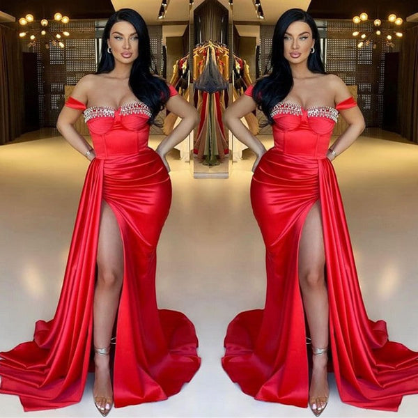 Mermaid Off-The-Shoulder Sweetheart Evening Dress with Beadings, Ruffles & Split Red-ballbellauk