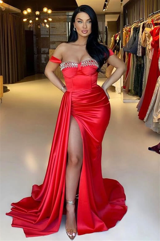 Mermaid Off-The-Shoulder Sweetheart Evening Dress with Beadings, Ruffles & Split Red-ballbellauk