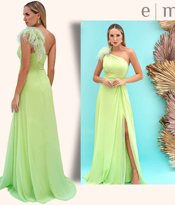 Mermaid One Shoulder Evening Dress with Feather - Light Green-ballbellauk