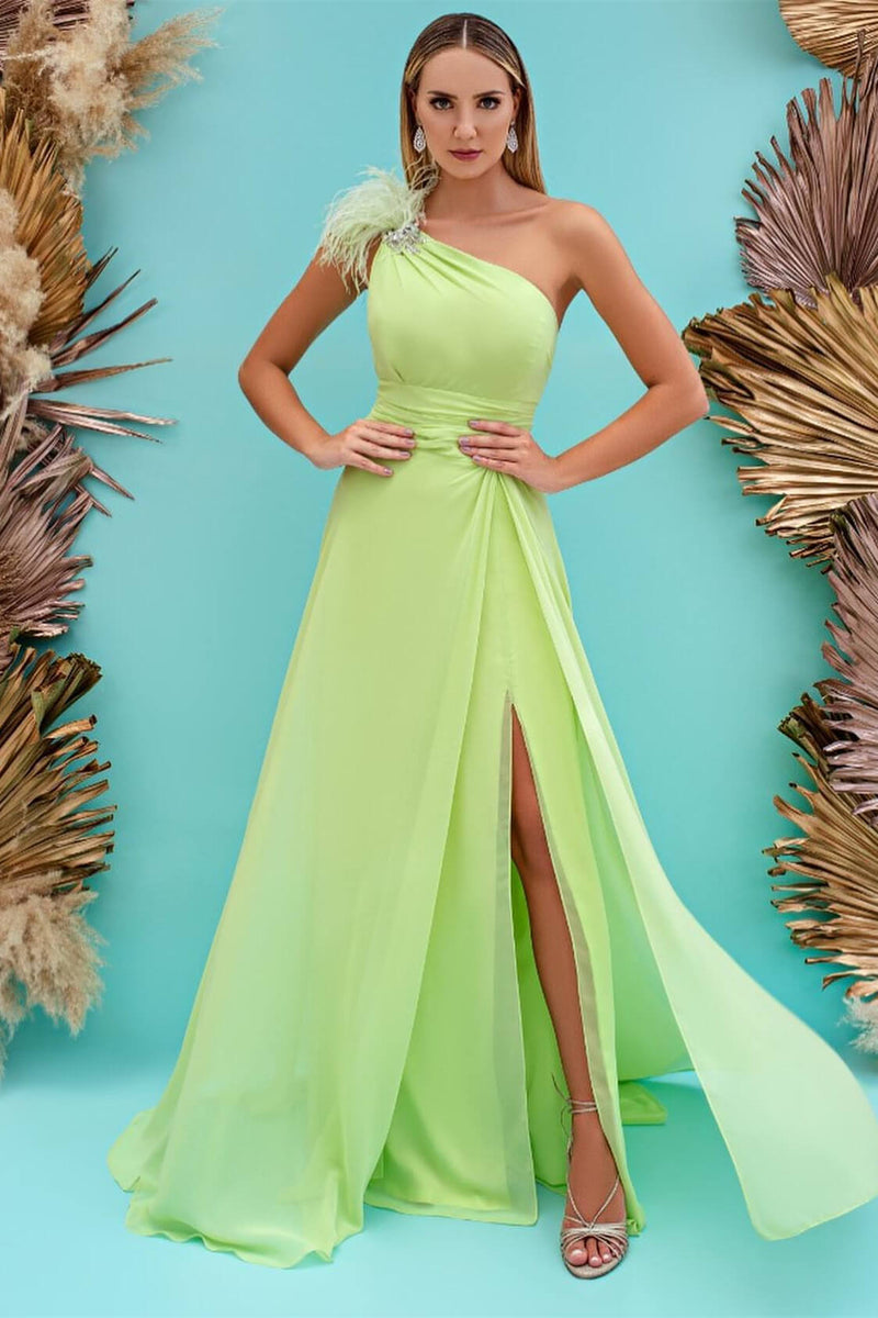 Mermaid One Shoulder Evening Dress with Feather - Light Green-ballbellauk