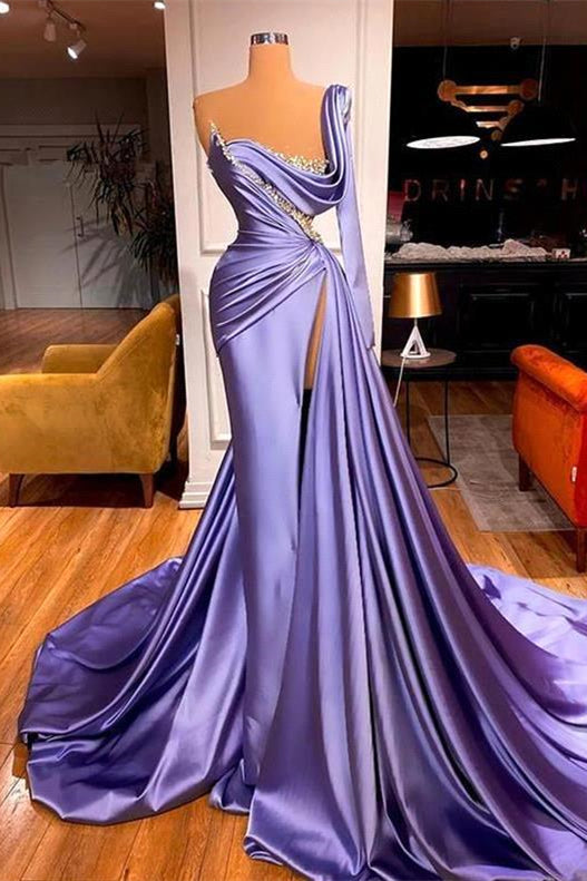 Mermaid One Shoulder Long Sleeves Prom Dress UK with Slit & Beadings-ballbellauk