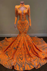 Mermaid Orange Long Sleeves Prom Dress UK with Sequins and Lace-ballbellauk