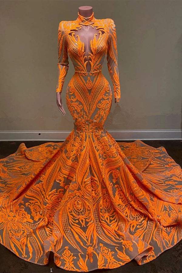 Mermaid Orange Long Sleeves Prom Dress UK with Sequins and Lace-ballbellauk