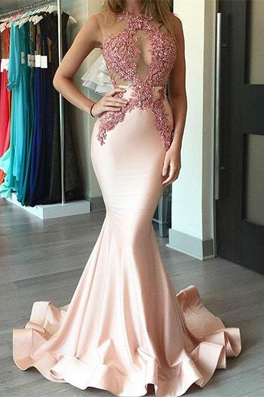 Mermaid Pink Evening Dress with Lace Appliques-ballbellauk