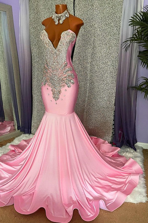 Mermaid Pink High Neck Prom Dress UK with Appliques and Beading-ballbellauk