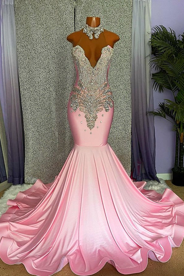 Mermaid Pink High Neck Prom Dress UK with Appliques and Beading-ballbellauk