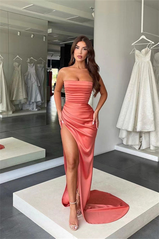 Mermaid Prom Dress UK - Amazing Coral Strapless With Pleats Slit-ballbellauk