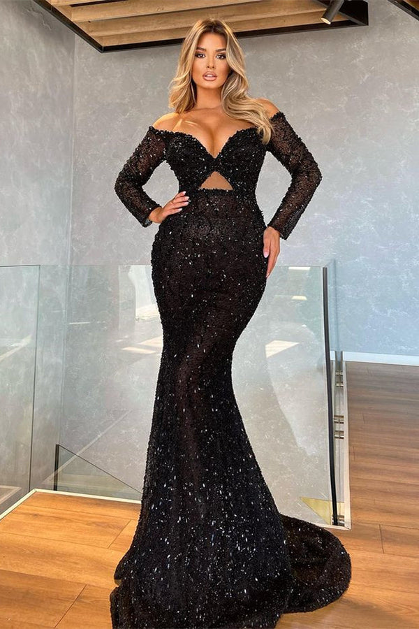 Mermaid Prom Dress UK Black With Sequins - Long Sleeves V-Neck-ballbellauk