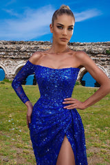 Mermaid Prom Dress UK - Blue With Split - Long Sleeve-ballbellauk