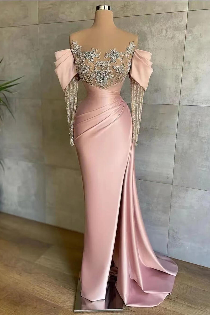 Mermaid Prom Dress UK with Beadings and Appliques - Off-The-Shoulder Pink Front Split Long Sleeves-ballbellauk