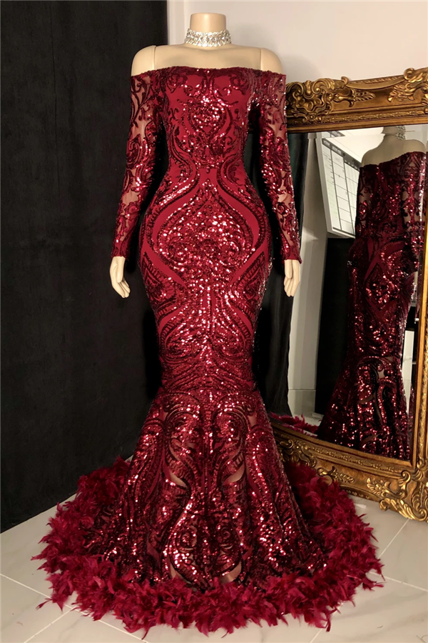 Mermaid Prom Dress UK with Burgundy Sequins and Feather ¨C Long Sleeves-ballbellauk