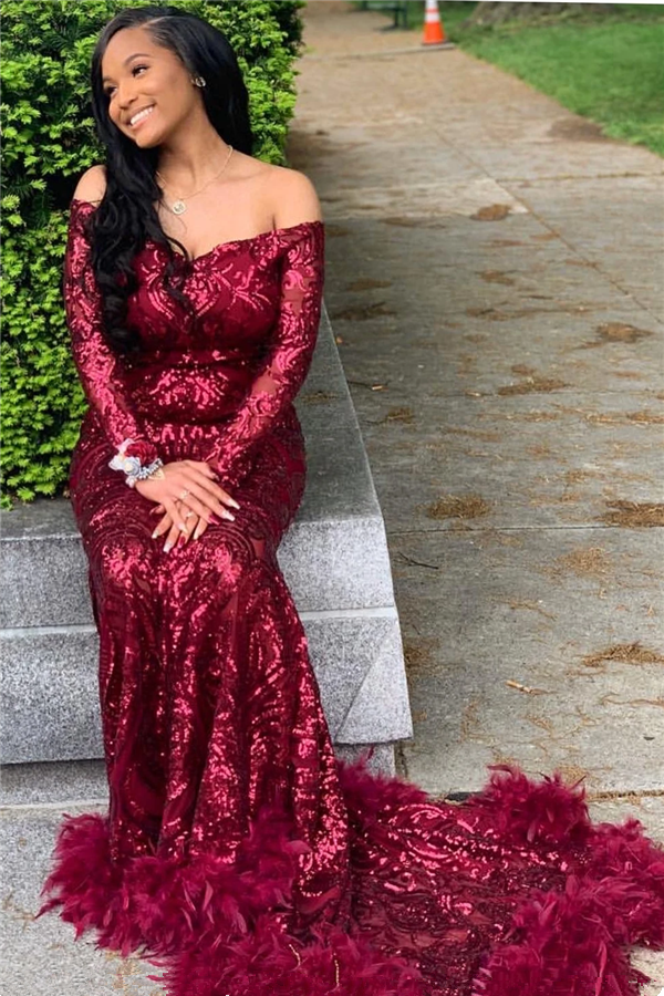 Mermaid Prom Dress UK with Burgundy Sequins and Feather ¨C Long Sleeves-ballbellauk