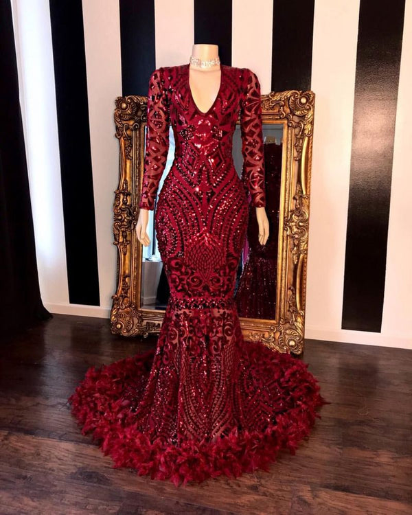 Mermaid Prom Dress UK with Burgundy V-Neck, Long Sleeves & Sequins Feathers-ballbellauk