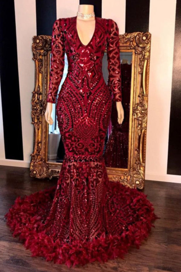 Mermaid Prom Dress UK with Burgundy V-Neck, Long Sleeves & Sequins Feathers-ballbellauk