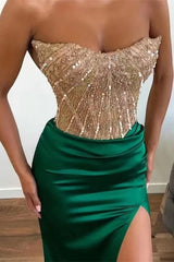 Mermaid Prom Dress UK with Green Applique Beadings and Strapless Split-ballbellauk