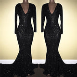 Mermaid Prom Dress UK with Long Sleeves & V-Neck - Black with Sequins-ballbellauk