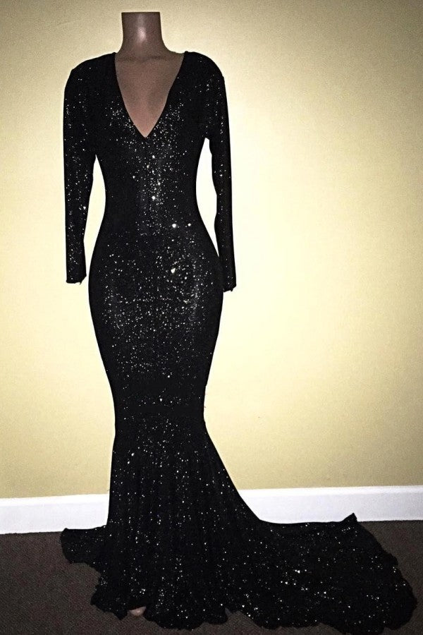 Mermaid Prom Dress UK with Long Sleeves & V-Neck - Black with Sequins-ballbellauk