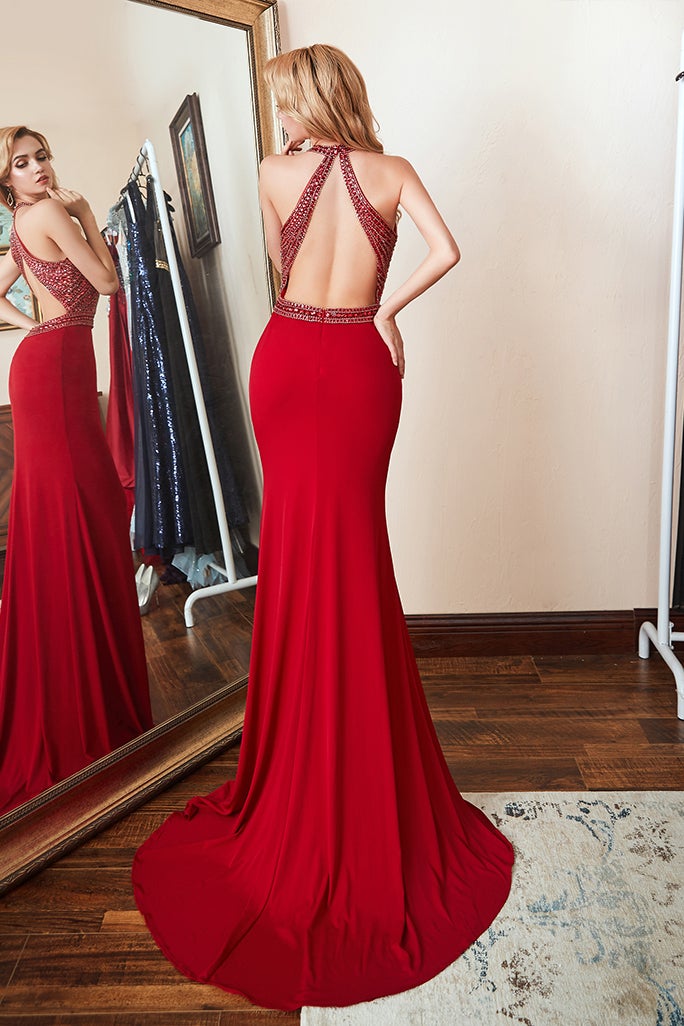 Mermaid Prom Dress UK with Red Beadings Halter-ballbellauk