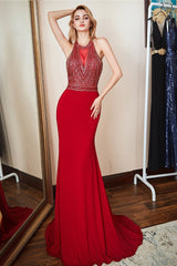 Mermaid Prom Dress UK with Red Beadings Halter-ballbellauk