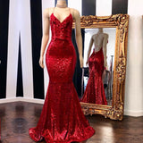 Mermaid Red Long Prom Dress UK with Sequins and Spaghetti Straps-ballbellauk