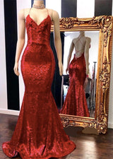 Mermaid Red Long Prom Dress UK with Sequins and Spaghetti Straps-ballbellauk