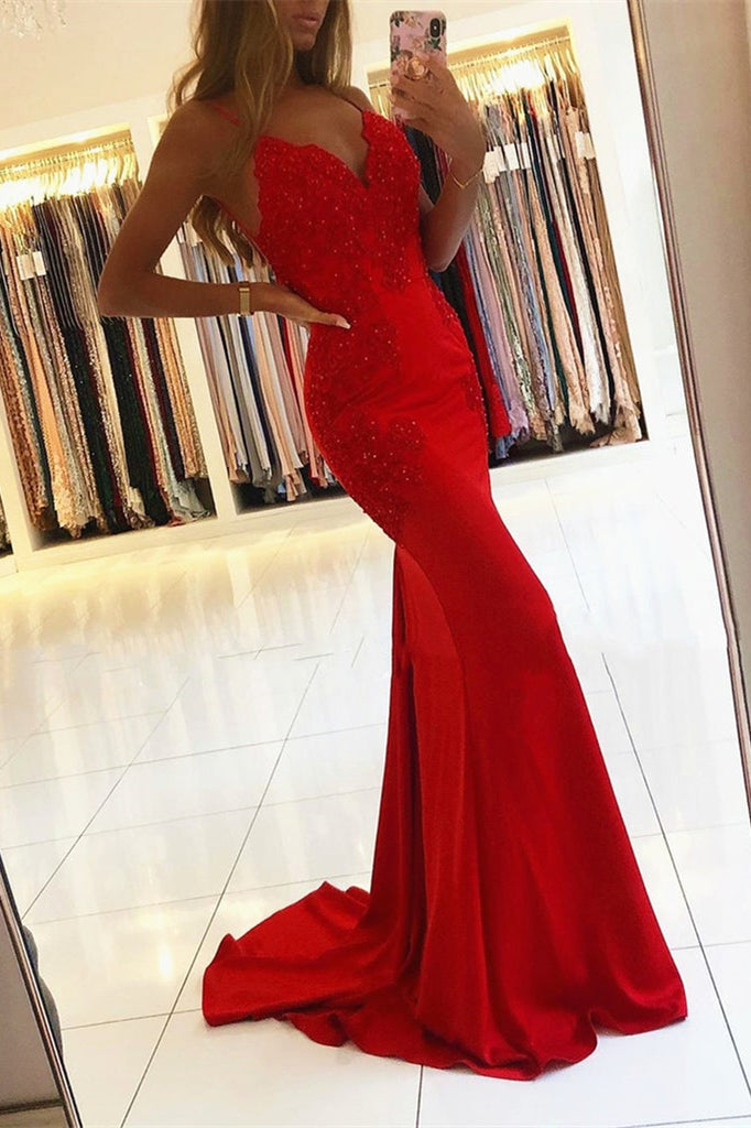 Mermaid Red Prom Dress UK with Appliques and Spaghetti-Straps-ballbellauk