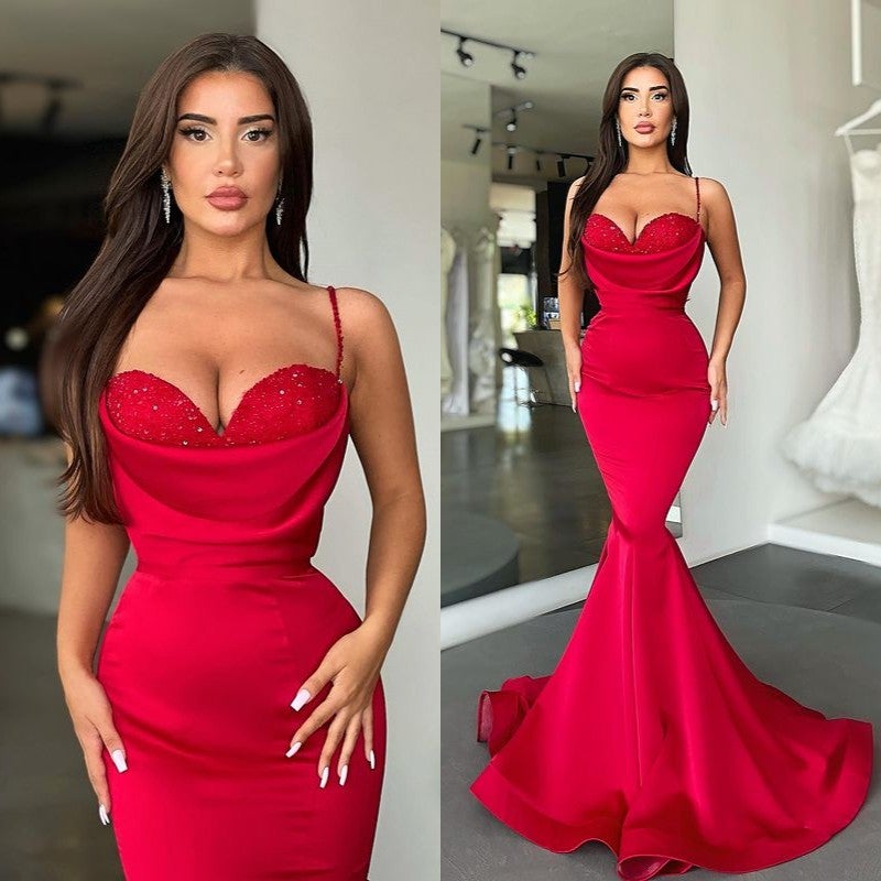 Mermaid Red Spaghetti-Straps Prom Dress UK Long-ballbellauk