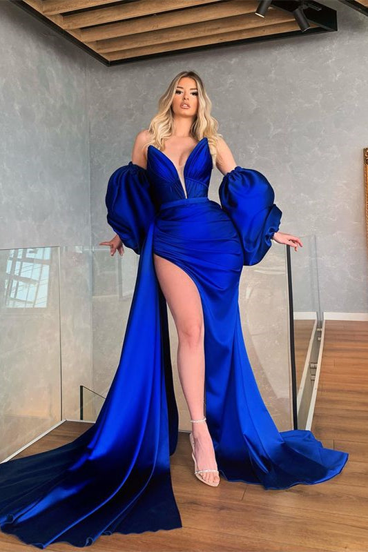 Mermaid Royal Blue Prom Dress UK with Removable Sleeves & Slit-ballbellauk